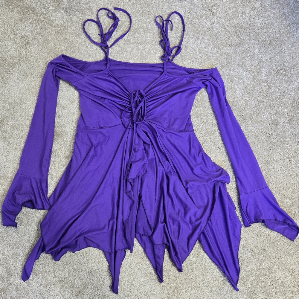 Purple Cold Shoulder Fairy Dress with Bell Sleeves XL - Picture 5 of 5